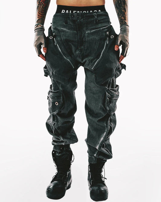 Post-Apocalyptic Dark-Wash Multi-Pocket Cargo Pants