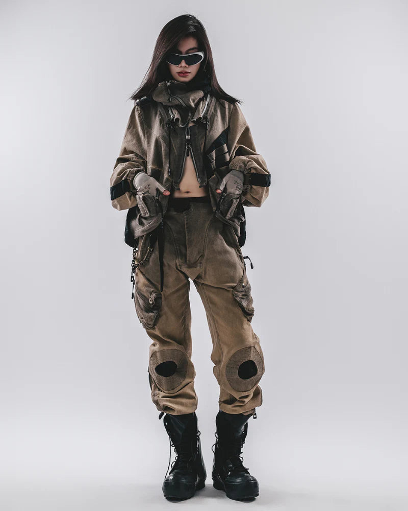 Post-Apocalyptic Wear Mech Multi-Pocket Washed Distressed Casual Pants