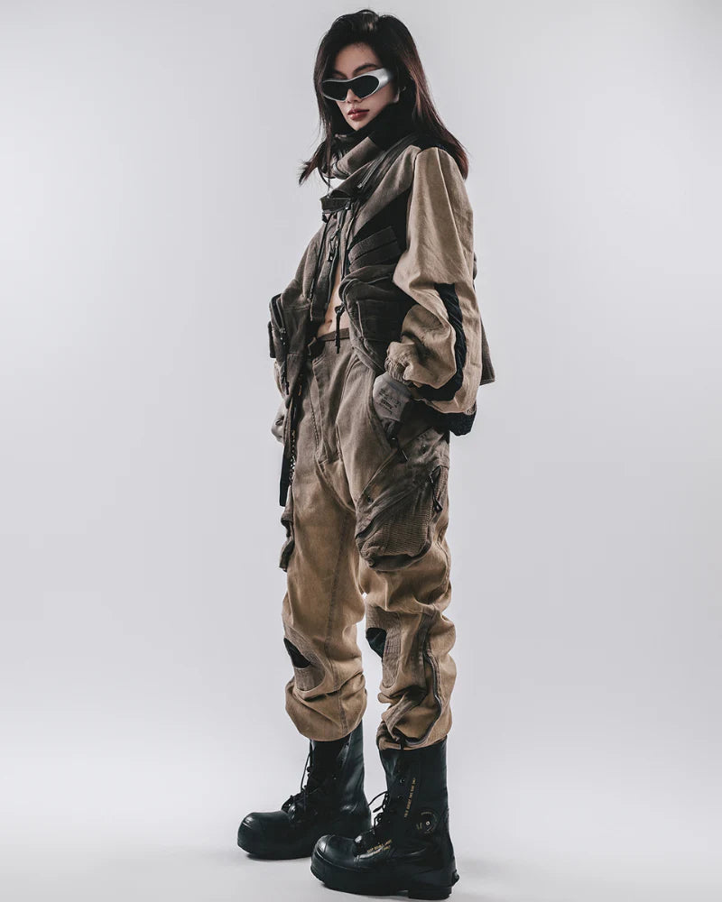 Post-Apocalyptic Wear Mech Multi-Pocket Washed Distressed Casual Pants
