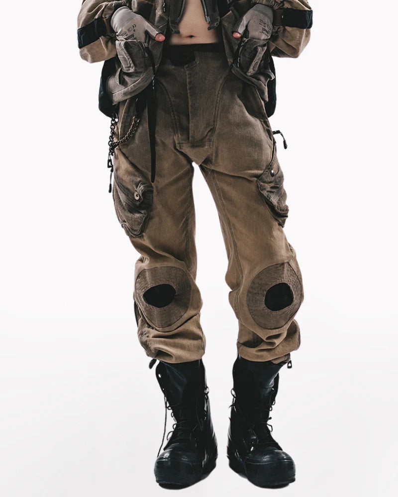 Post-Apocalyptic Wear Mech Multi-Pocket Washed Distressed Casual Pants