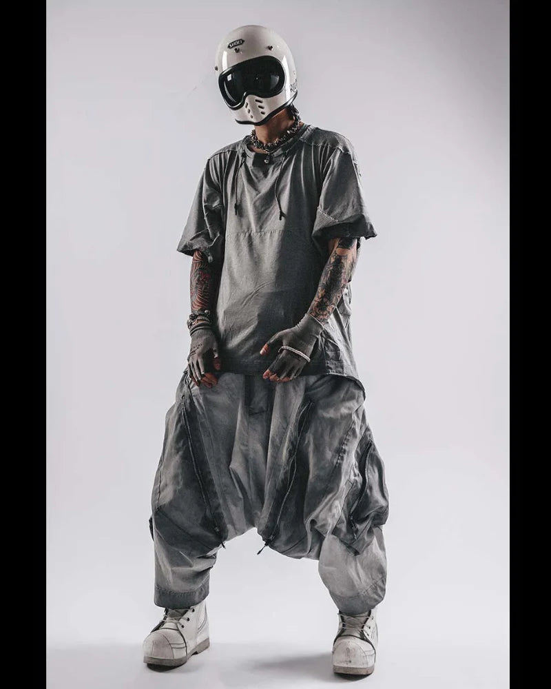 Post-Apocalyptic Wear Wash Patchwork Zipper  Pants