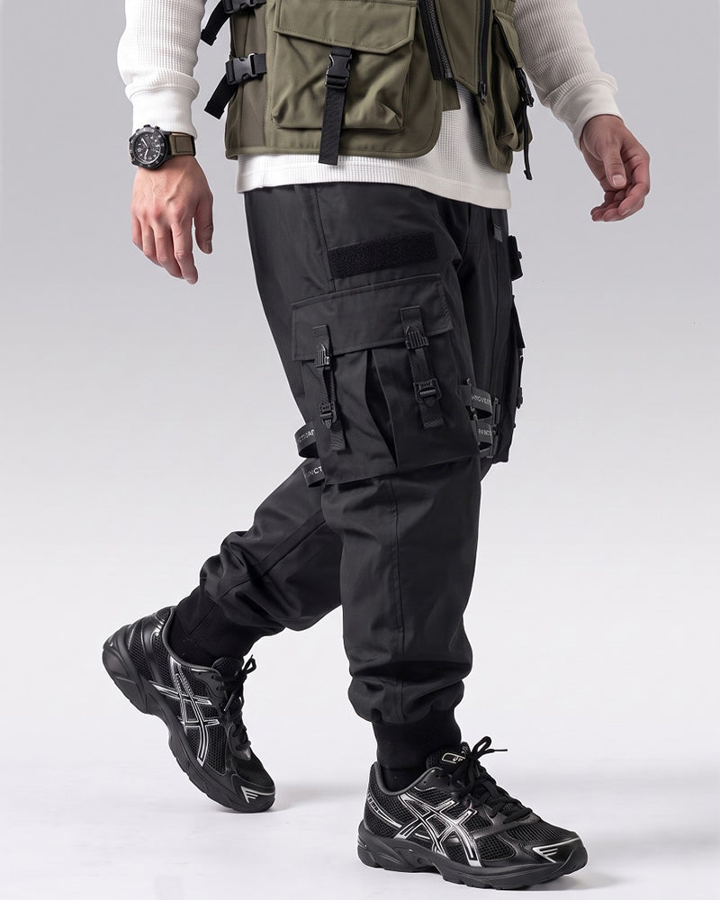 Functional Ribbon Pocket Black Cargo Pants