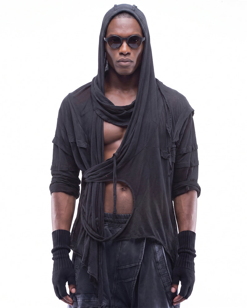 Wasteland Asymmetric Fringed Hooded T-Shirt