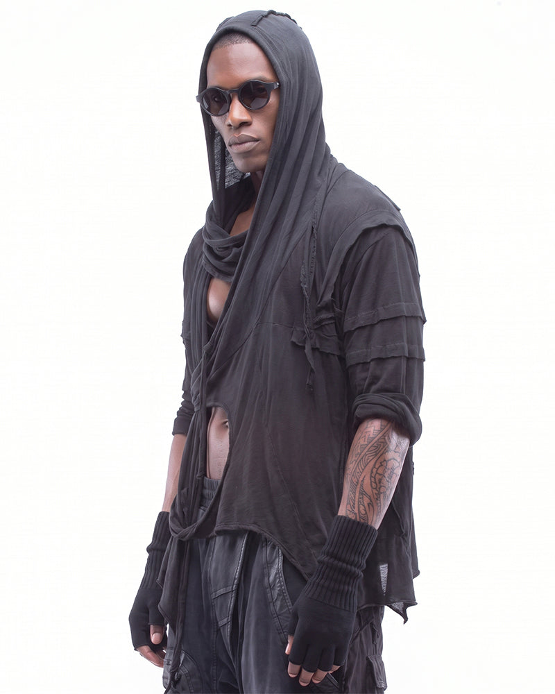 Wasteland Asymmetric Fringed Hooded T-Shirt
