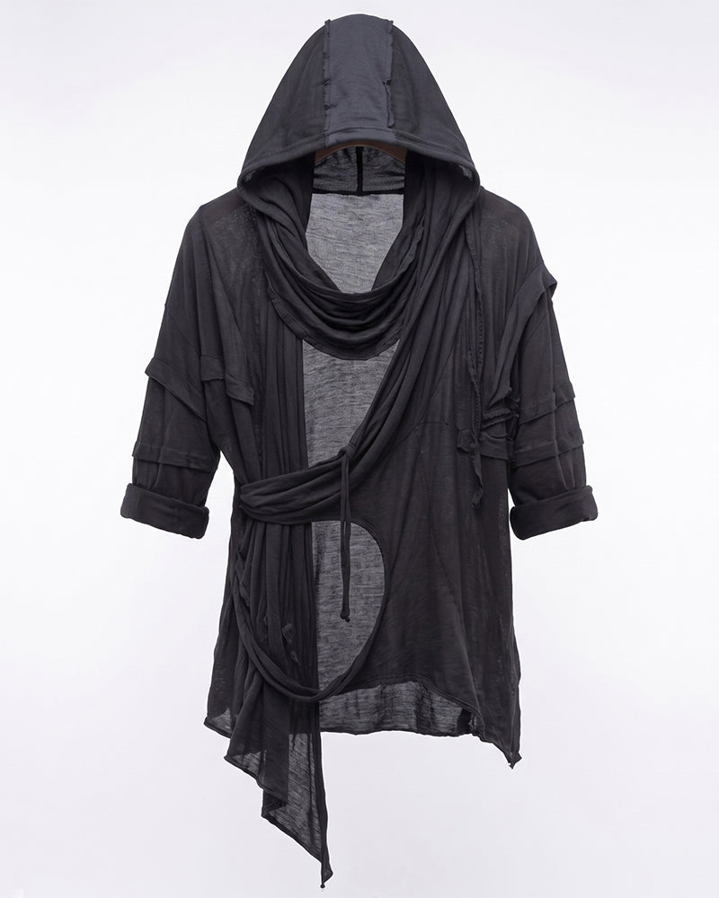 Wasteland Asymmetric Fringed Hooded T-Shirt