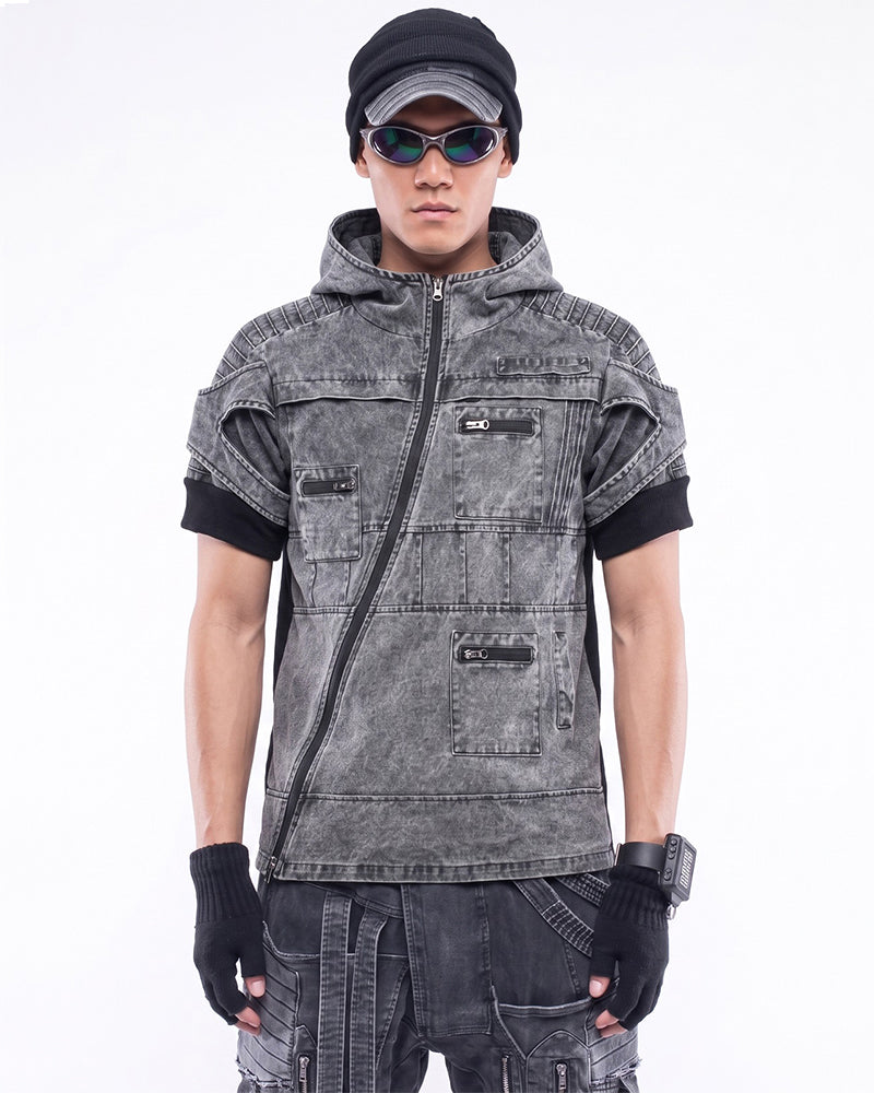 Wasteland Asymmetric Zip Washed Short Sleeve Hooded Top