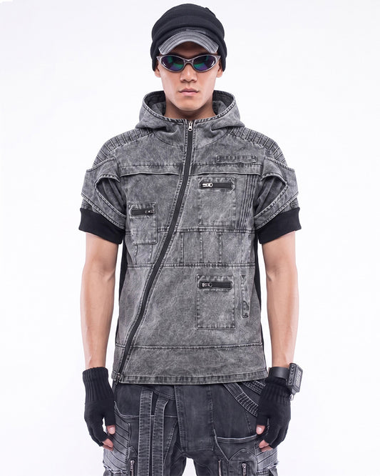 Wasteland Asymmetric Zip Washed Short Sleeve Hooded Top