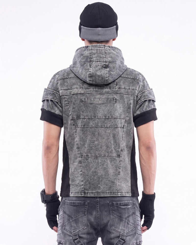 Wasteland Asymmetric Zip Washed Short Sleeve Hooded Top