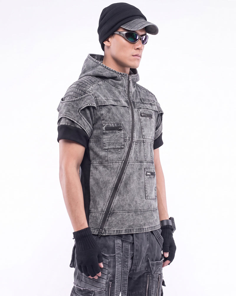Wasteland Asymmetric Zip Washed Short Sleeve Hooded Top