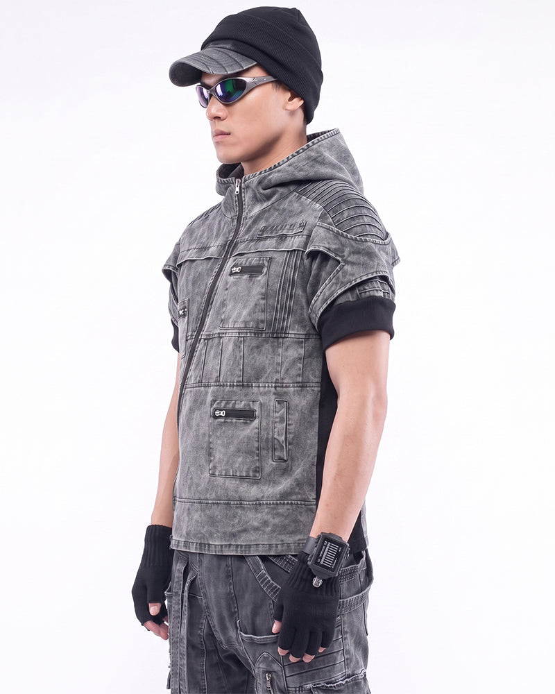 Wasteland Asymmetric Zip Washed Short Sleeve Hooded Top
