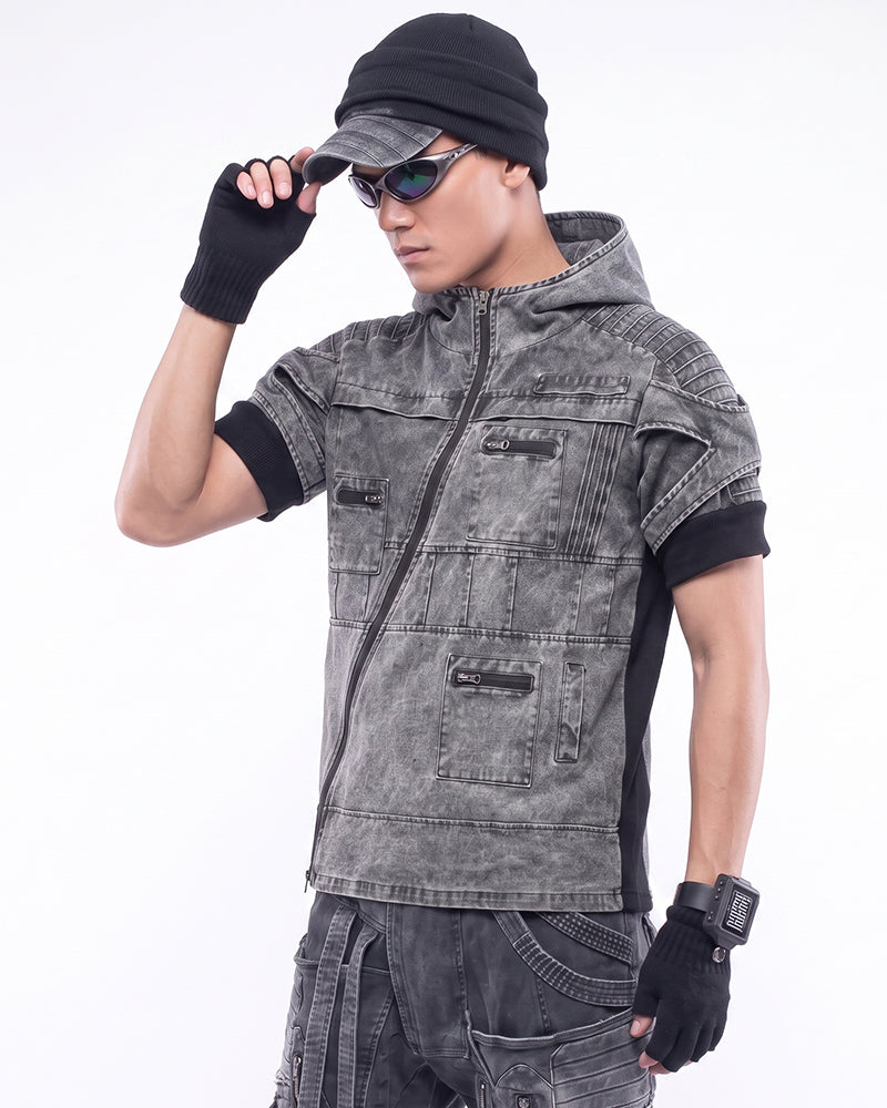 Wasteland Asymmetric Zip Washed Short Sleeve Hooded Top
