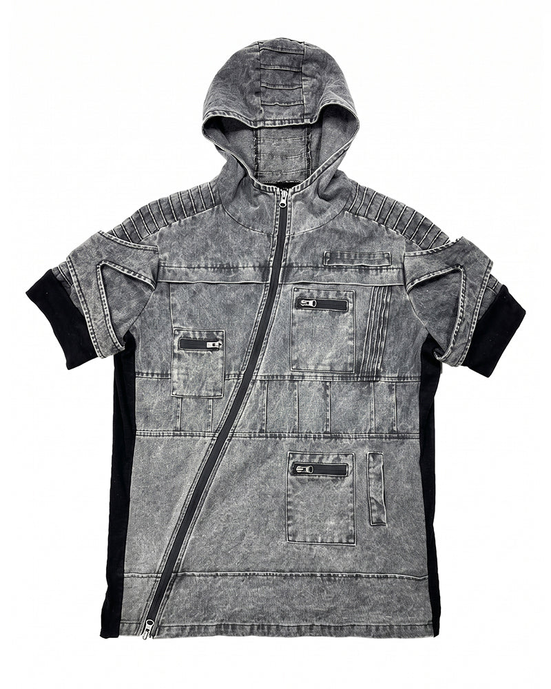 Wasteland Asymmetric Zip Washed Short Sleeve Hooded Top