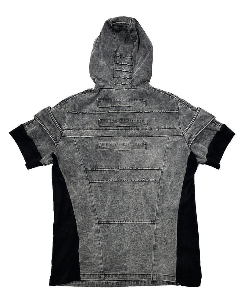 Wasteland Asymmetric Zip Washed Short Sleeve Hooded Top