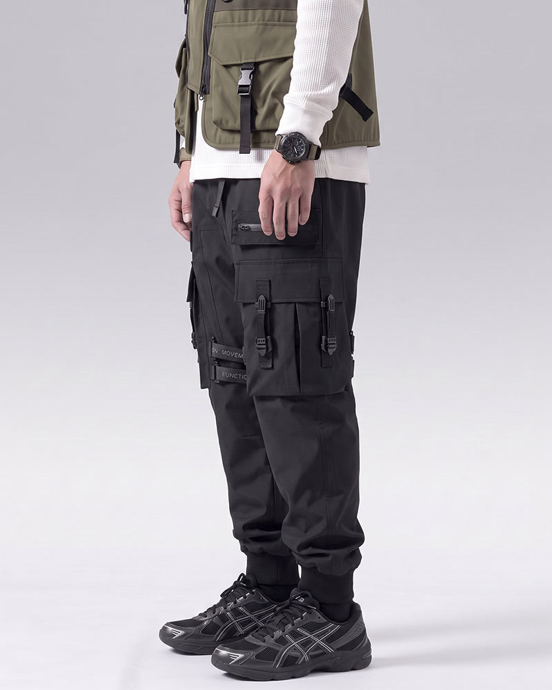 Functional Ribbon Pocket Black Cargo Pants