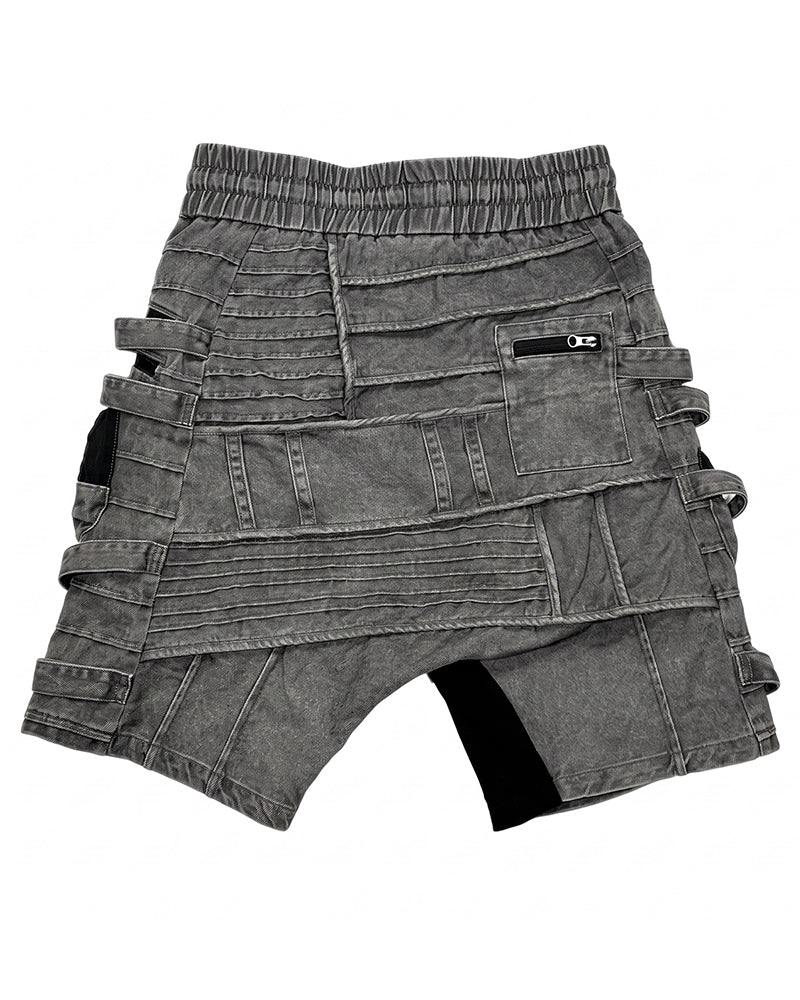 Wasteland Deconstructed Pleated Strap Distressed Washed Shorts