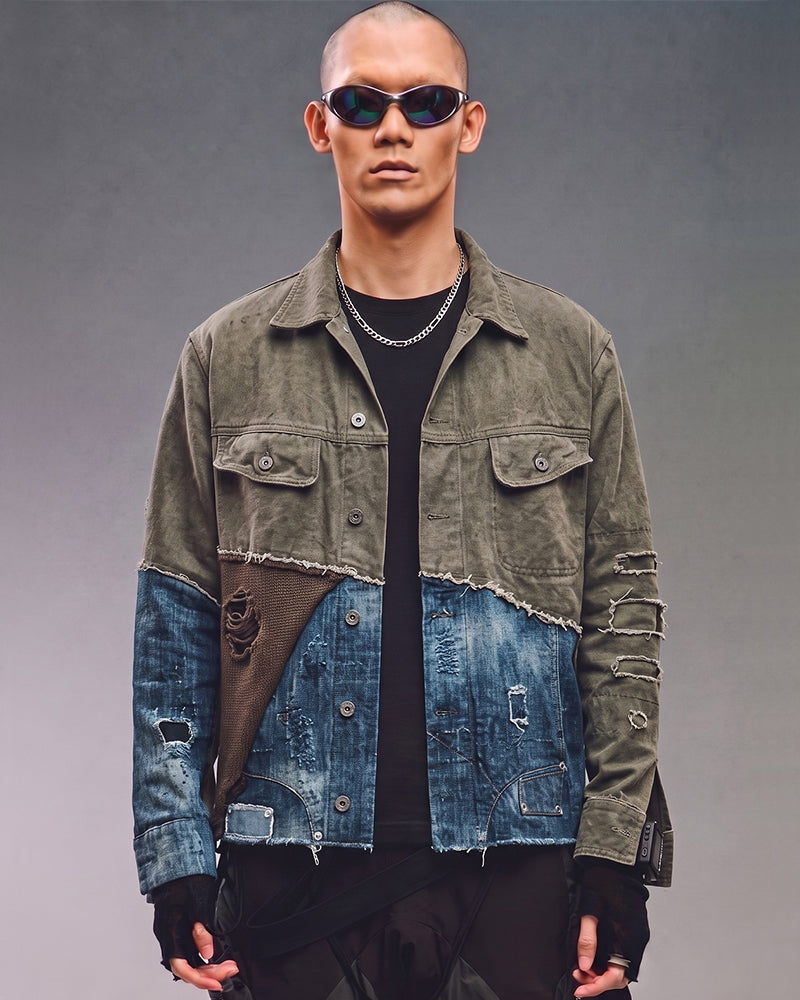 Post-Apocalyptic Washed Denim Patchwork Deconstructed Shirt