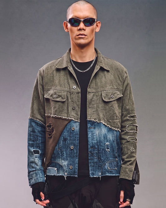 Post-Apocalyptic Washed Denim Patchwork Deconstructed Shirt