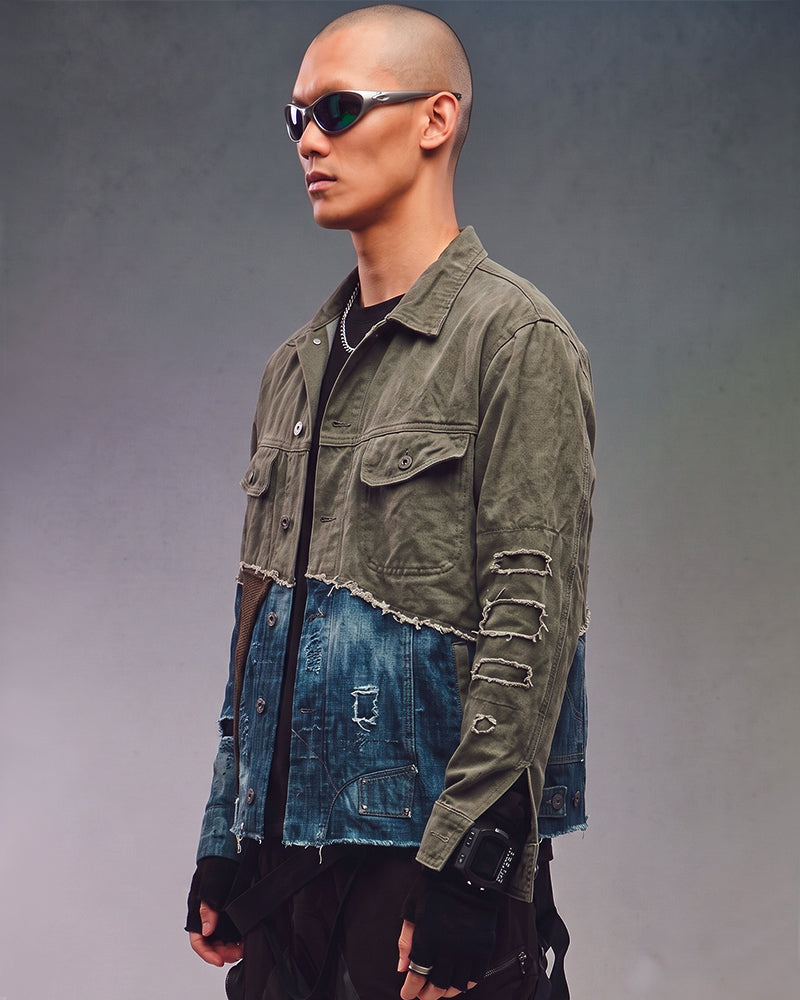 Post-Apocalyptic Washed Denim Patchwork Deconstructed Shirt