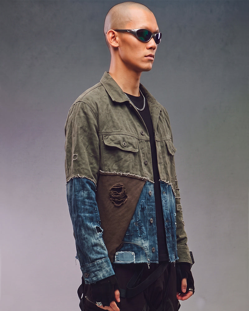Post-Apocalyptic Washed Denim Patchwork Deconstructed Shirt