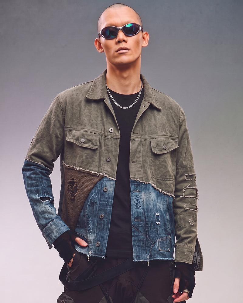 Post-Apocalyptic Washed Denim Patchwork Deconstructed Shirt