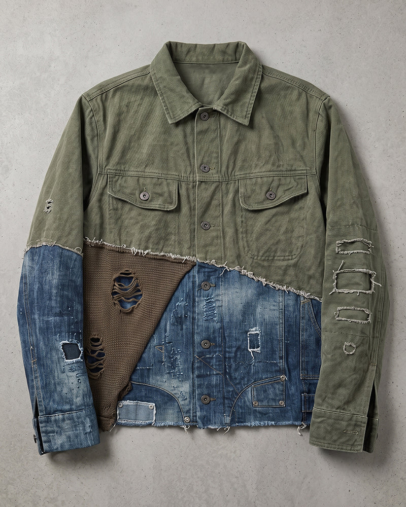 Post-Apocalyptic Washed Denim Patchwork Deconstructed Shirt