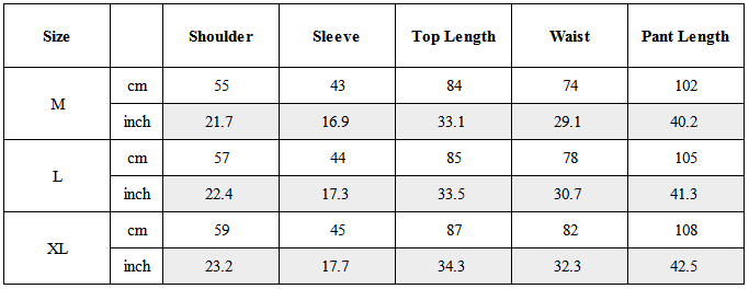 Size Guide for Zen Hermit Set Top / Bottom