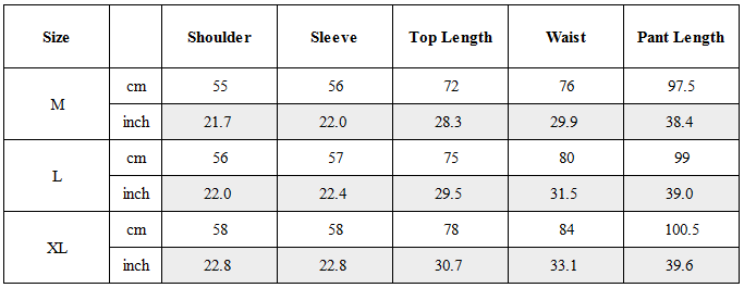 Size Guide for Zen Hermit Set Top / Bottom
