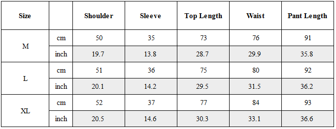 Size Guide for Zen Hermit Set Top / Bottom