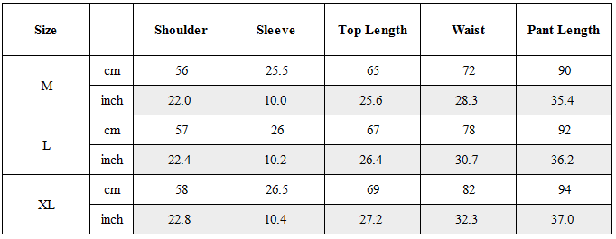 Size Guide for Zen Hermit Set Top / Bottom