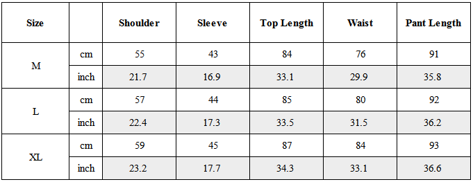Size Guide for Zen Hermit Set Top / Bottom