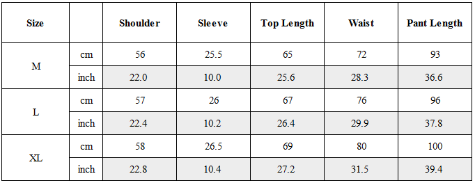 Size Guide for Zen Hermit Set Top / Bottom