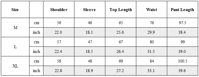 Size Guide for Zen Hermit Set Top / Bottom