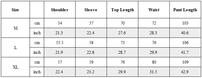 Size Guide for Zen Hermit Set Top / Bottom