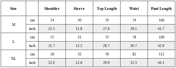 Size Guide for Zen Hermit Set Top / Bottom