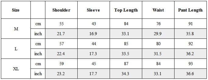 Size Guide for Zen Hermit Set Top / Bottom