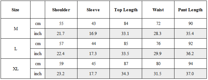 Size Guide for Zen Hermit Set Top / Bottom