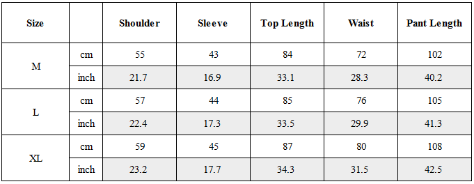 Size Guide for Zen Hermit Set Top / Bottom