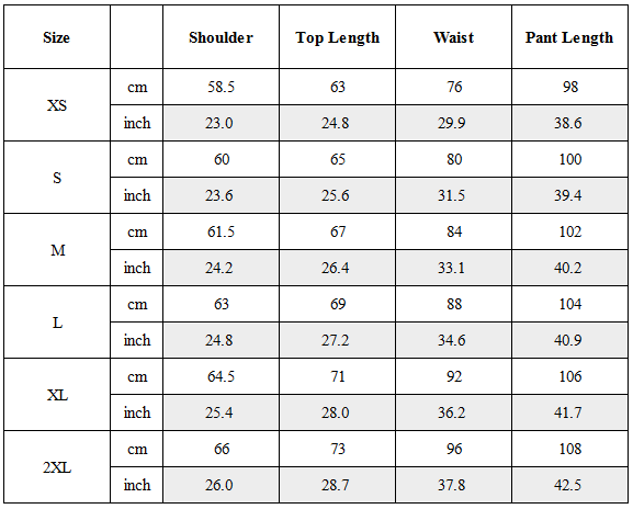 Size Guide for CBP-039-X｜Cyberpunk Techwear Set Top / Bottom