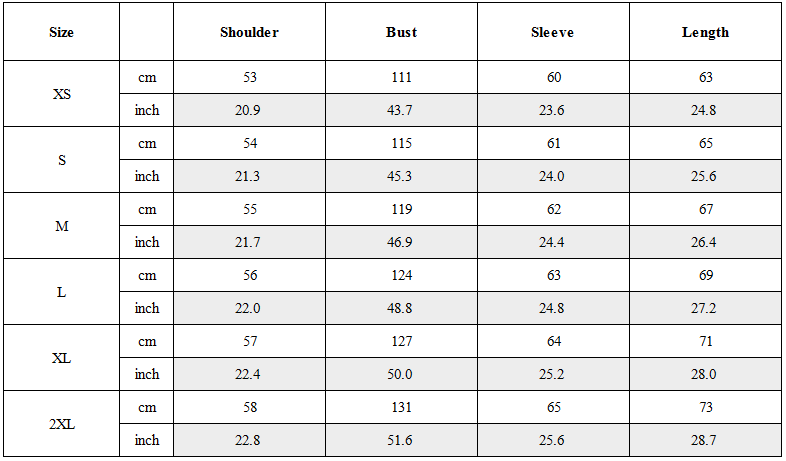 Size Guide for Cyberpunk Outfits Unisex Velvet Short Jacket