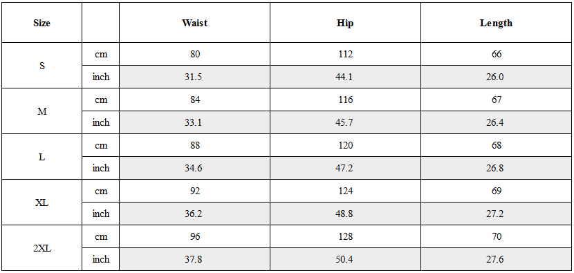 Size Guide for Spliced Big Pocket Waxed Shorts
