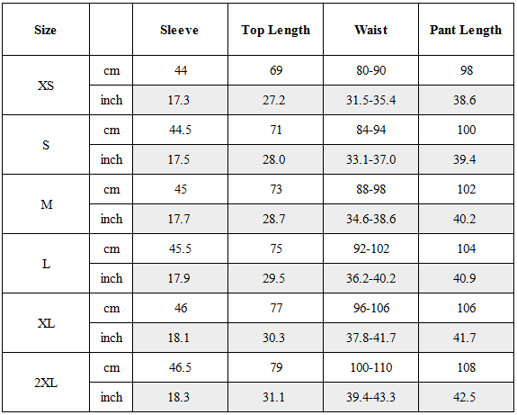 Size Guide for CBP-017-X｜Cyberpunk Techwear Set Top / Bottom