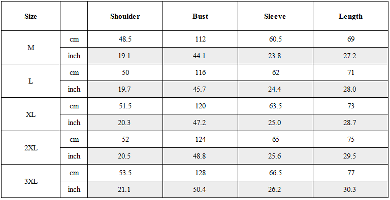 Size Guide for Functional Multi-Pocket Detachable Sleeve Shirt