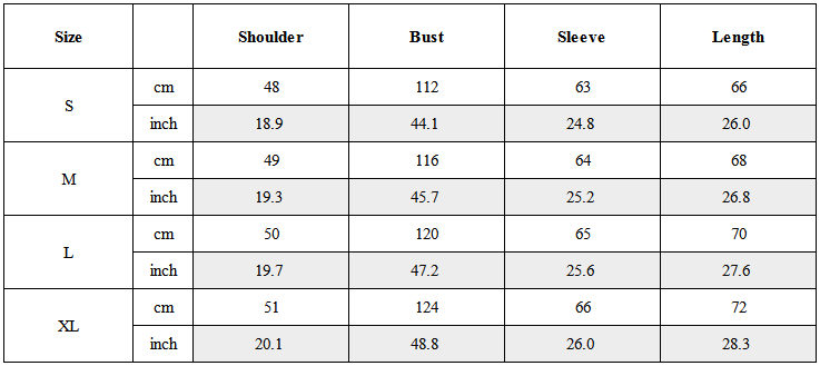 Size Guide for Multi-Pockets Mandarin Waterproof Jacket