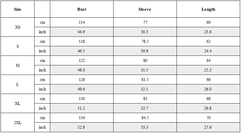 Size Guide for Anti-Wrinkle Cyberpunk High-Street Sport Jacket