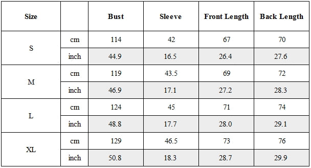 Size Guide for Asymmetric Zipper Seersucker Short Sleeve T-Shirt