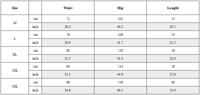Size Guide for Techwear Utility Zipper Cargo Shorts