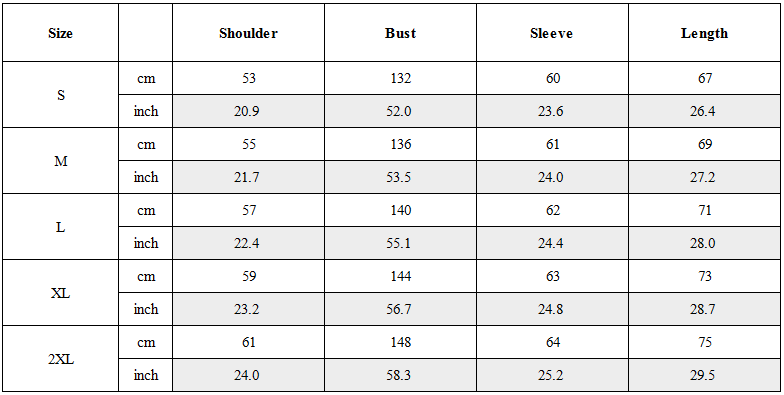 Size Guide for Spliced Drawstring UV Protection Light Jacket