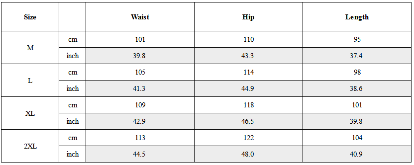 Size Guide for Functional Outdoor Pocket Cargo Pants