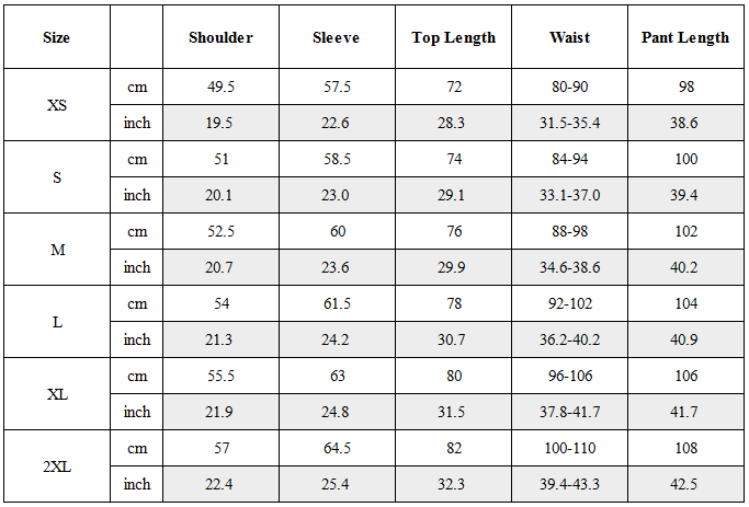 Size Guide for CBP-011-X｜Cyberpunk Techwear Set Top / Bottom