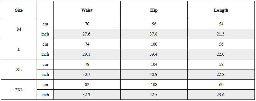 Size Guide for Darkwear Zipper Shorts